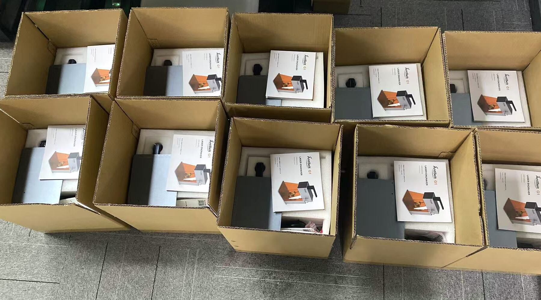 Second view of AntBelt G1 units packed with protective foam and user manuals