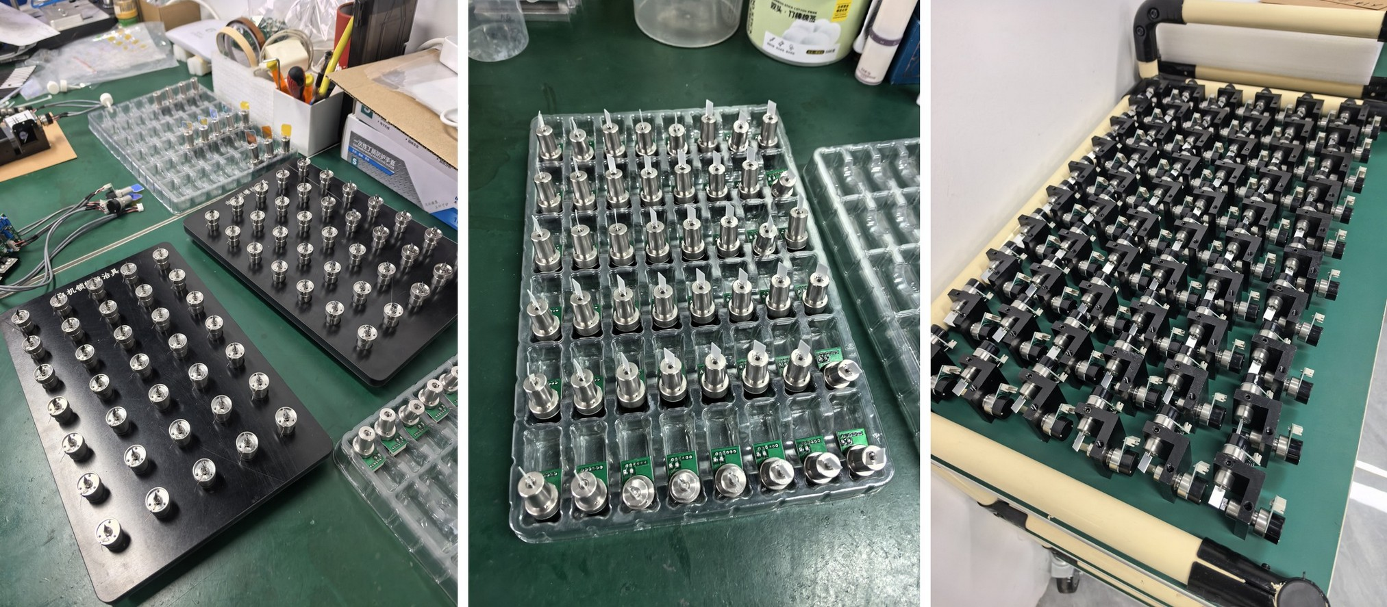 AntBelt optical and motion modules arranged for assembly preparation and inspection